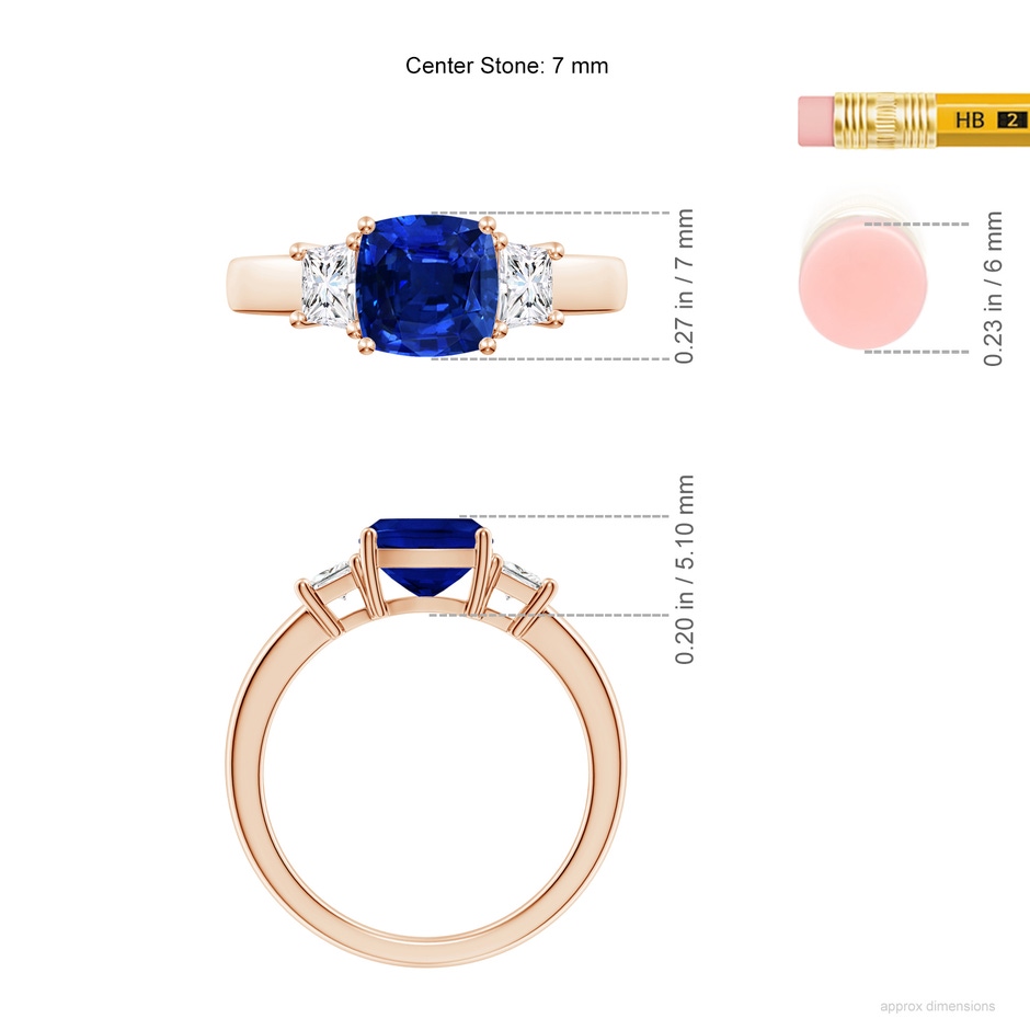 7mm AAAA Classic Cushion Blue Sapphire and Trapezoid Diamond Three Stone Engagement Ring in 18K Rose Gold ruler