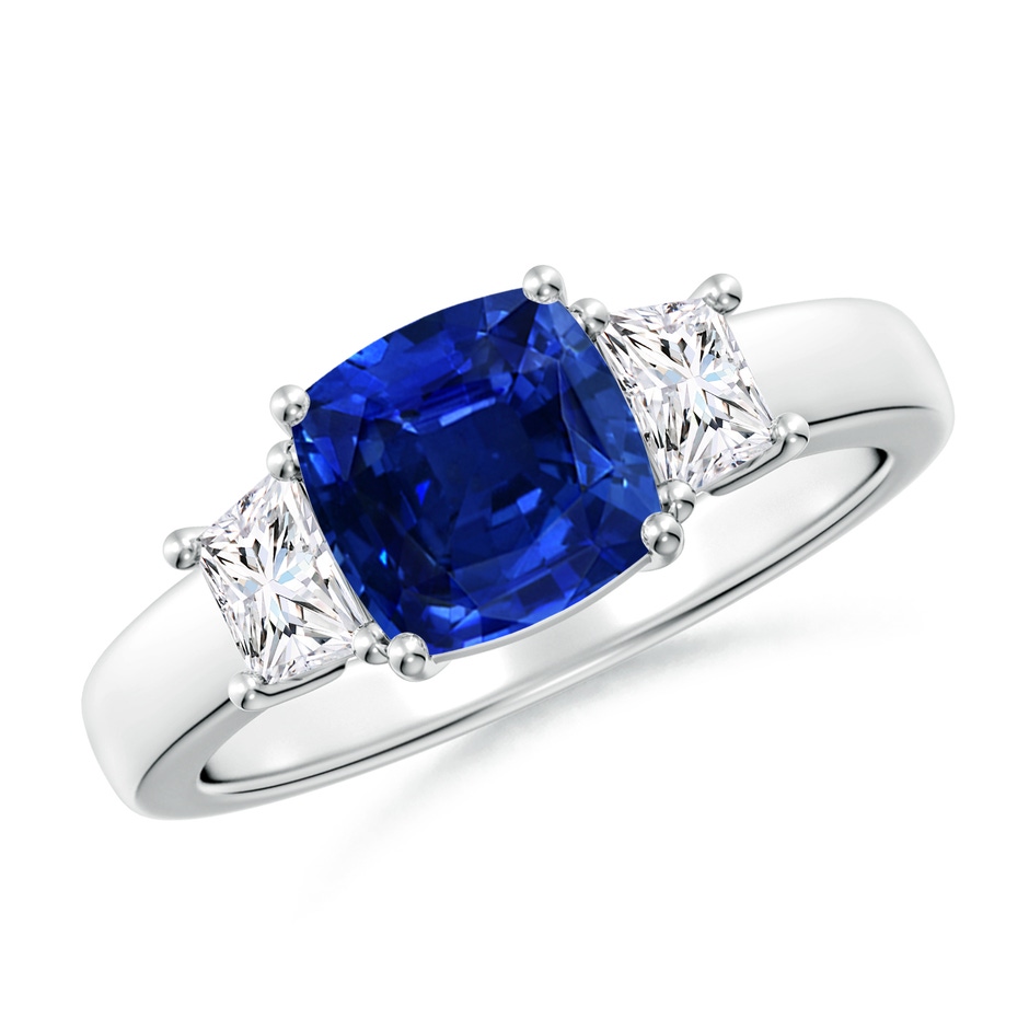 7mm AAAA Classic Cushion Blue Sapphire and Trapezoid Diamond Three Stone Engagement Ring in P950 Platinum 