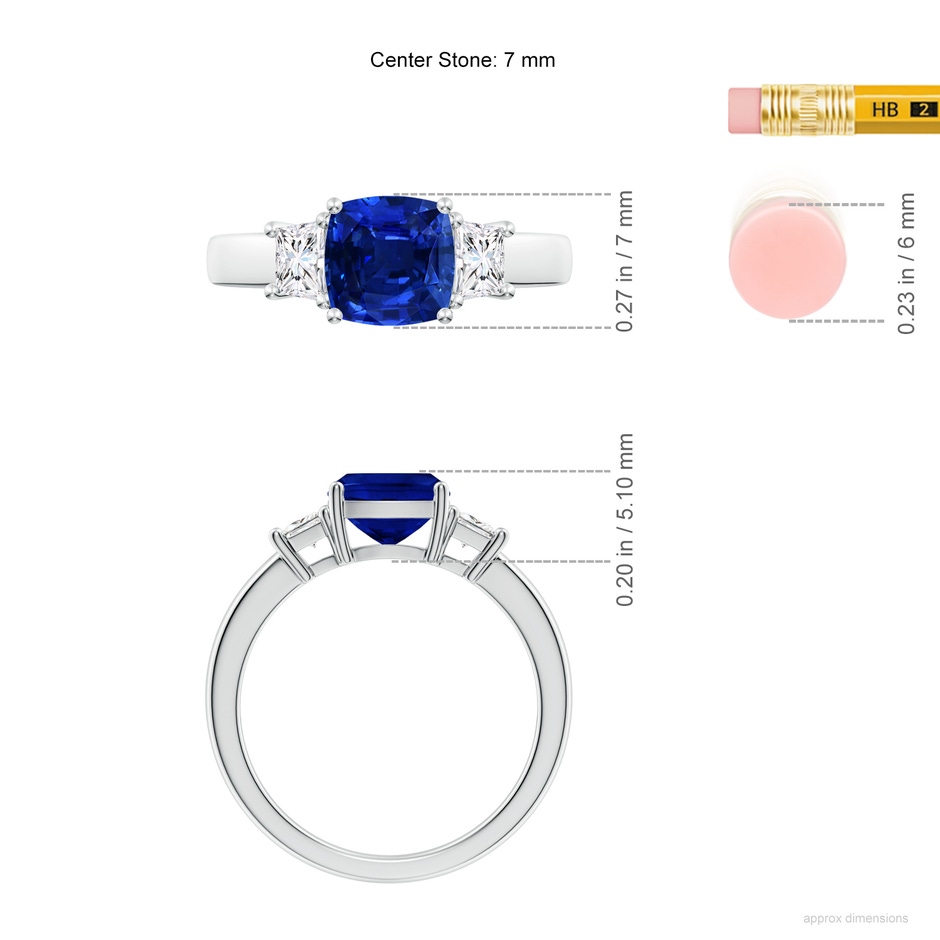 7mm AAAA Classic Cushion Blue Sapphire and Trapezoid Diamond Three Stone Engagement Ring in P950 Platinum ruler