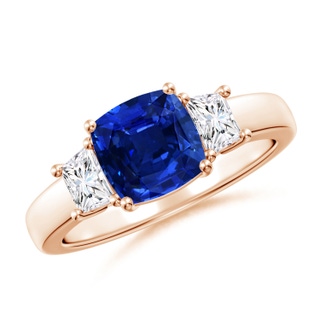 7mm AAAA Classic Cushion Blue Sapphire and Trapezoid Diamond Three Stone Engagement Ring in Rose Gold