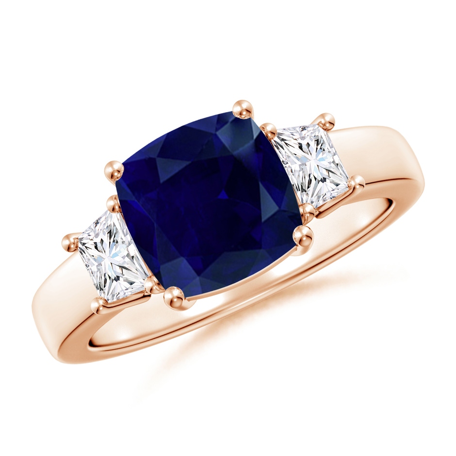 8mm AA Classic Cushion Blue Sapphire and Trapezoid Diamond Three Stone Engagement Ring in 18K Rose Gold 