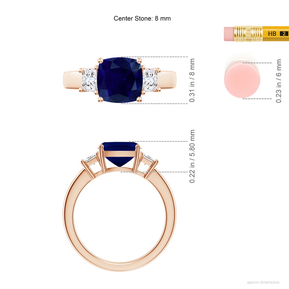 8mm AA Classic Cushion Blue Sapphire and Trapezoid Diamond Three Stone Engagement Ring in 18K Rose Gold ruler