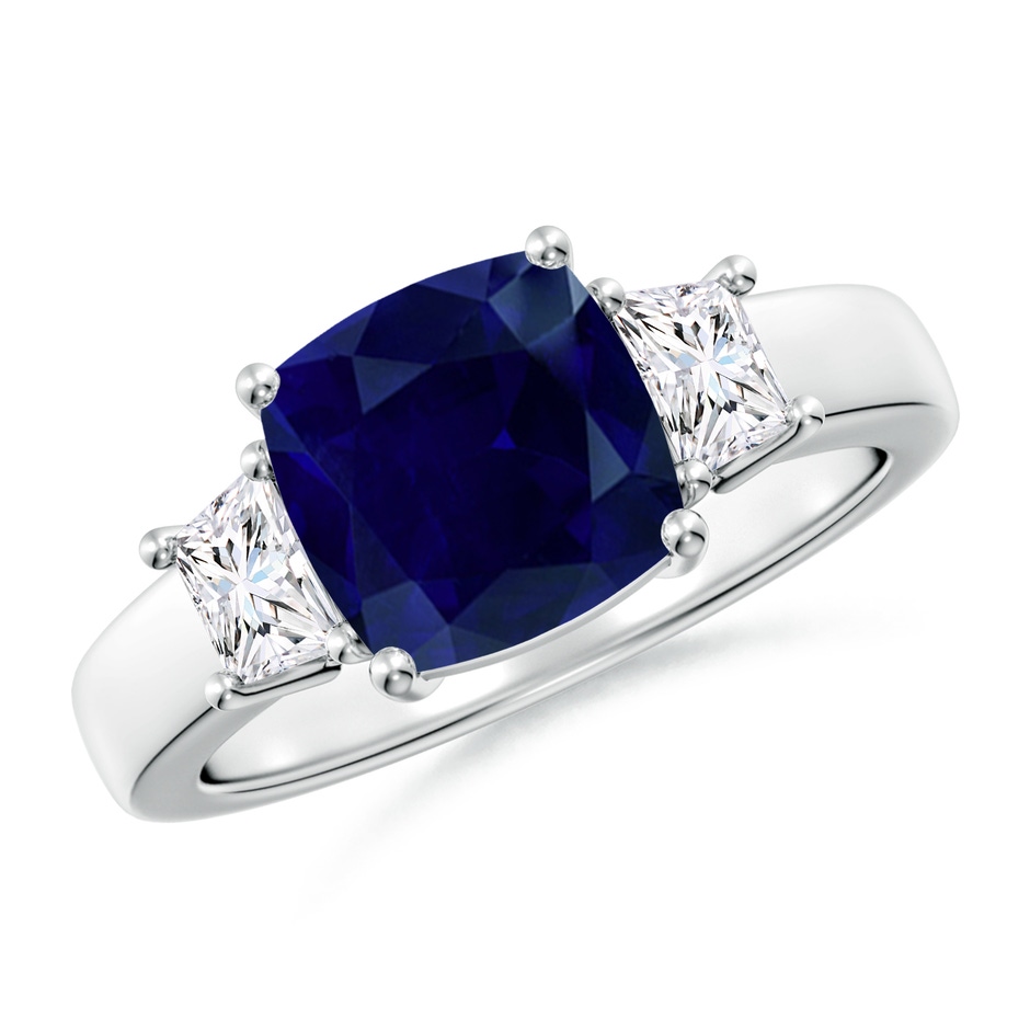8mm AA Classic Cushion Blue Sapphire and Trapezoid Diamond Three Stone Engagement Ring in P950 Platinum 