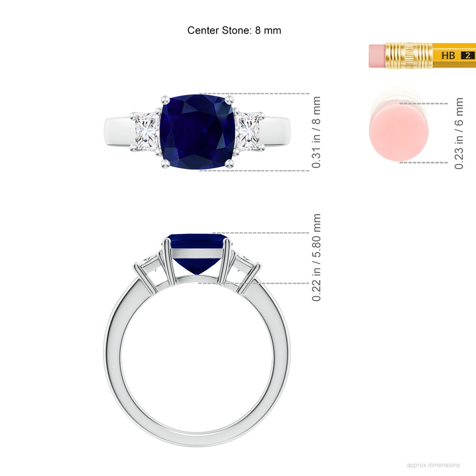 8mm AA Classic Cushion Blue Sapphire and Trapezoid Diamond Three Stone Engagement Ring in P950 Platinum ruler