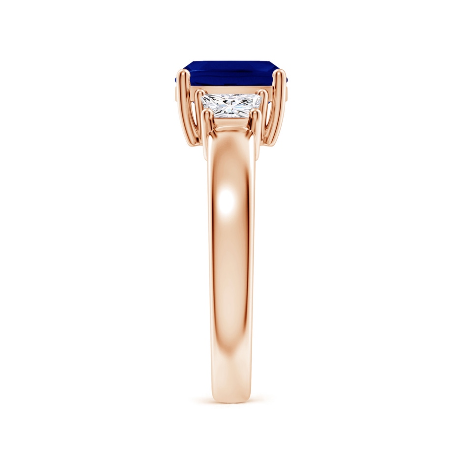 8mm AAA Classic Cushion Blue Sapphire and Trapezoid Diamond Three Stone Engagement Ring in Rose Gold side 299