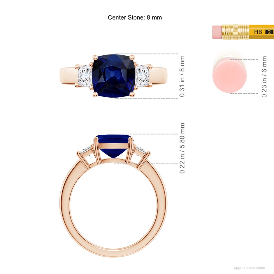 8mm AAA Classic Cushion Blue Sapphire and Trapezoid Diamond Three Stone Engagement Ring in Rose Gold ruler