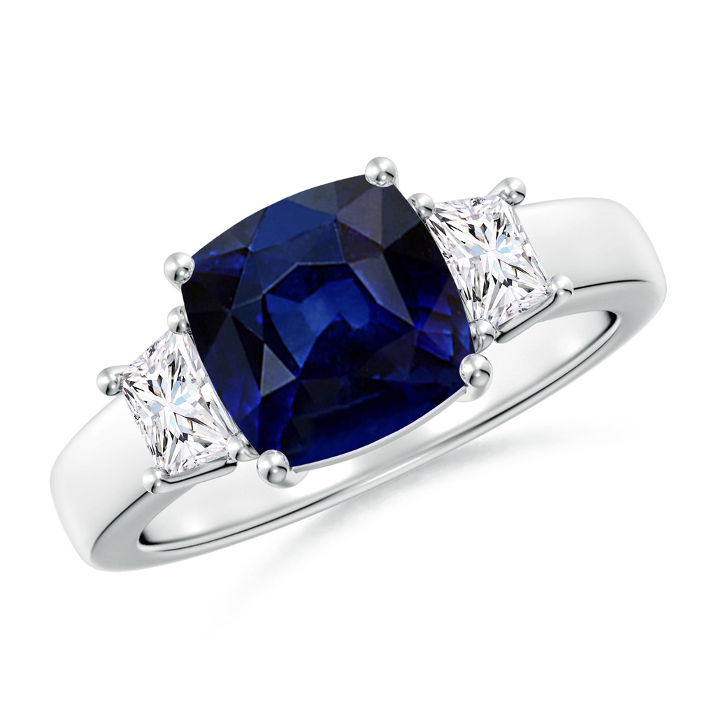 8mm AAA Classic Cushion Blue Sapphire and Trapezoid Diamond Three Stone Engagement Ring in White Gold