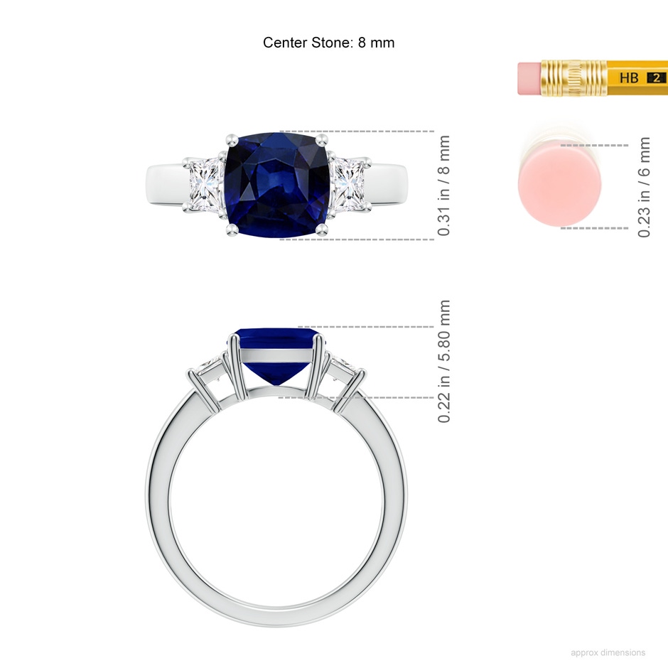 8mm AAA Classic Cushion Blue Sapphire and Trapezoid Diamond Three Stone Engagement Ring in White Gold ruler