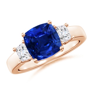 8mm AAAA Classic Cushion Blue Sapphire and Trapezoid Diamond Three Stone Engagement Ring in Rose Gold