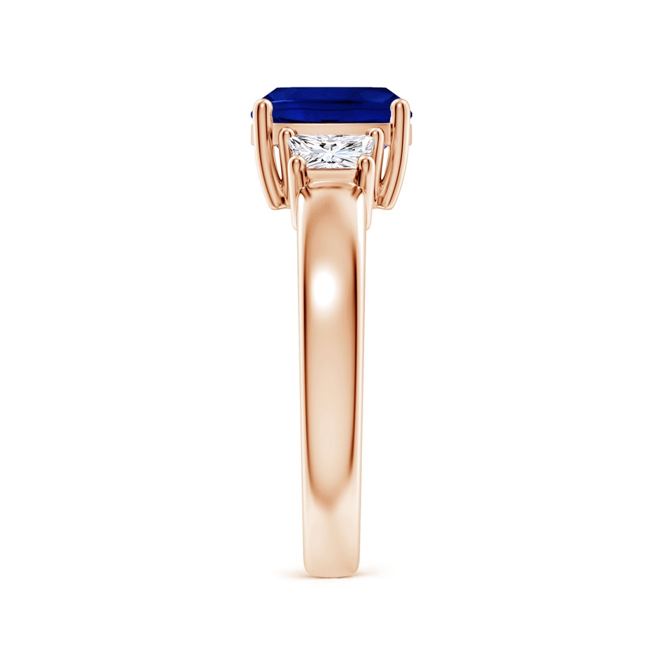 8mm AAAA Classic Cushion Blue Sapphire and Trapezoid Diamond Three Stone Engagement Ring in Rose Gold side 299