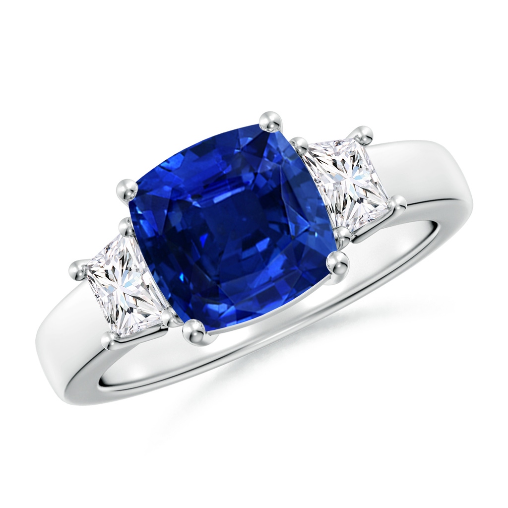 8mm Lab-Grown Classic Cushion Blue Sapphire and Trapezoid Diamond Three Stone Engagement Ring in White Gold