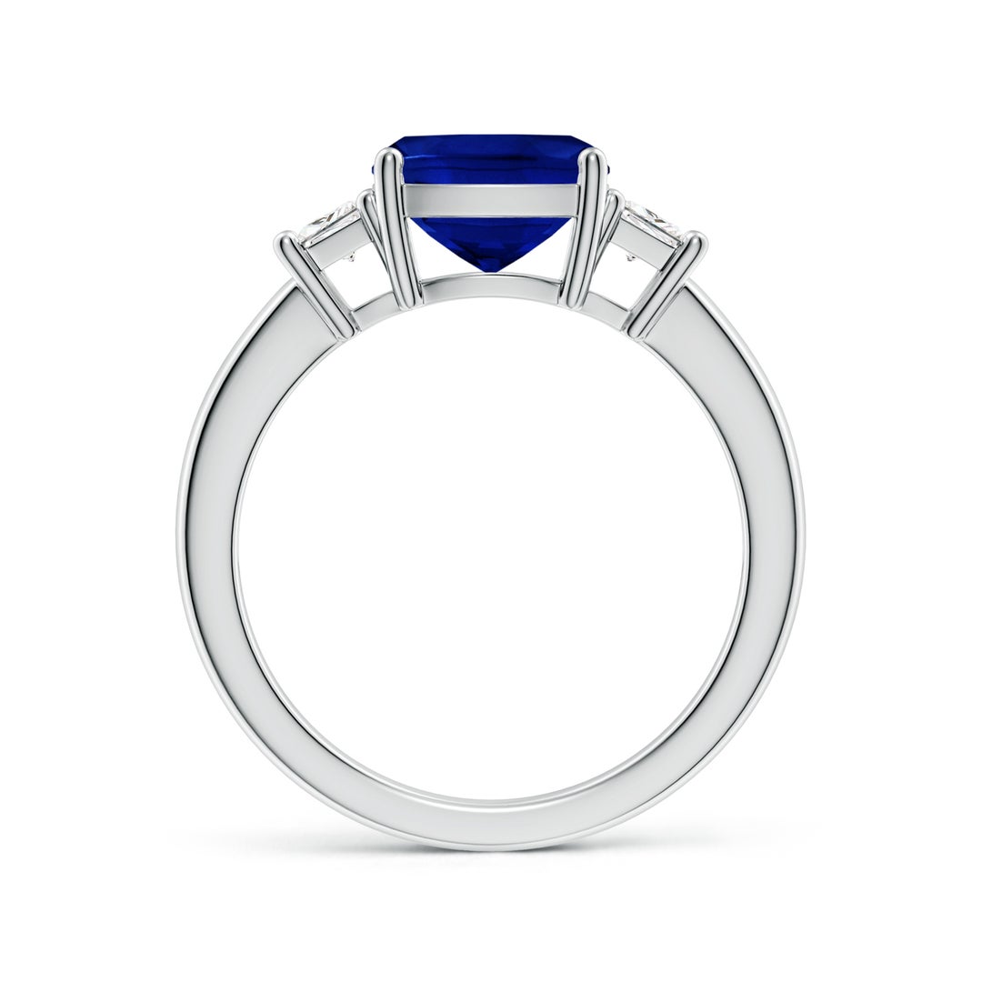 8mm AAAA Classic Cushion Blue Sapphire and Trapezoid Diamond Three Stone Engagement Ring in White Gold - side 2