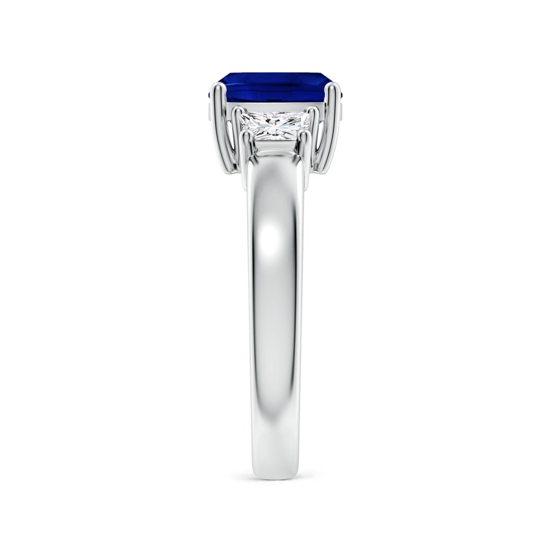 8mm AAAA Classic Cushion Blue Sapphire and Trapezoid Diamond Three Stone Engagement Ring in White Gold - side 3