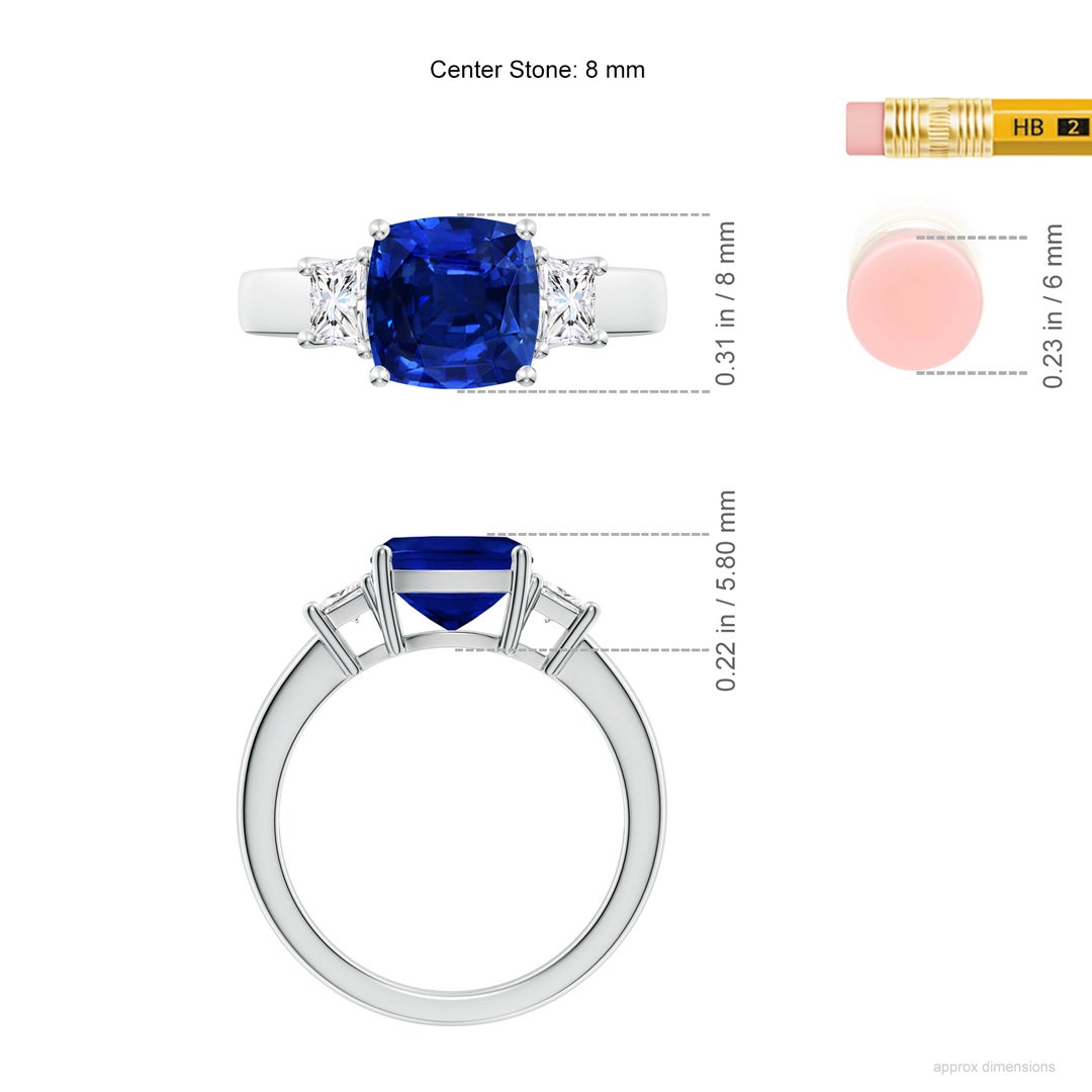 8mm AAAA Classic Cushion Blue Sapphire and Trapezoid Diamond Three Stone Engagement Ring in White Gold - ruler