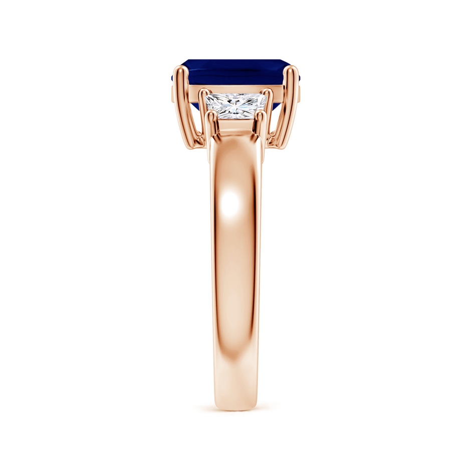 9mm AA Classic Cushion Blue Sapphire and Trapezoid Diamond Three Stone Engagement Ring in 18K Rose Gold side 299