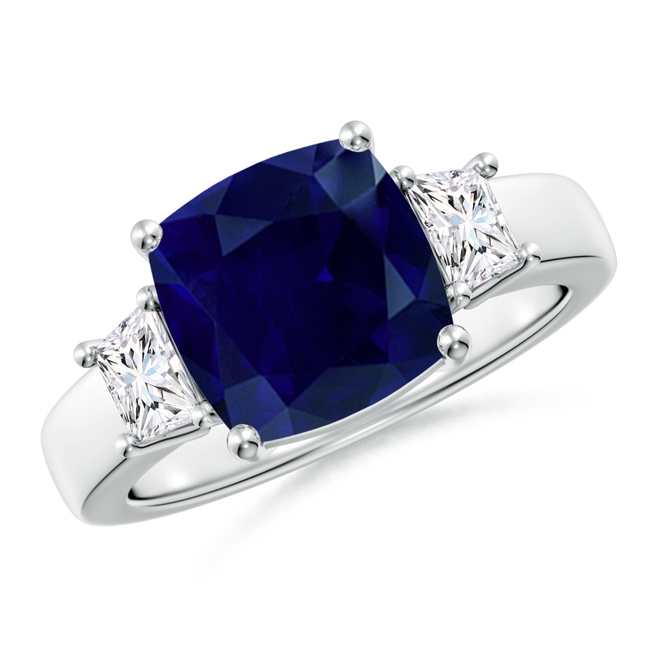 9mm AA Classic Cushion Blue Sapphire and Trapezoid Diamond Three Stone Engagement Ring in P950 Platinum 