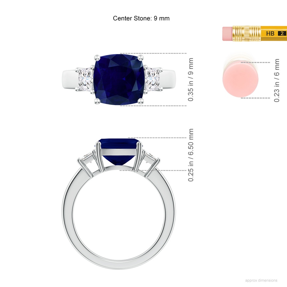9mm AA Classic Cushion Blue Sapphire and Trapezoid Diamond Three Stone Engagement Ring in P950 Platinum ruler
