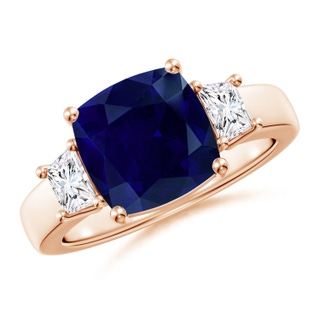 9mm AA Classic Cushion Blue Sapphire and Trapezoid Diamond Three Stone Engagement Ring in Rose Gold