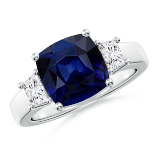 9mm AAA Classic Cushion Blue Sapphire and Trapezoid Diamond Three Stone Engagement Ring in P950 Platinum