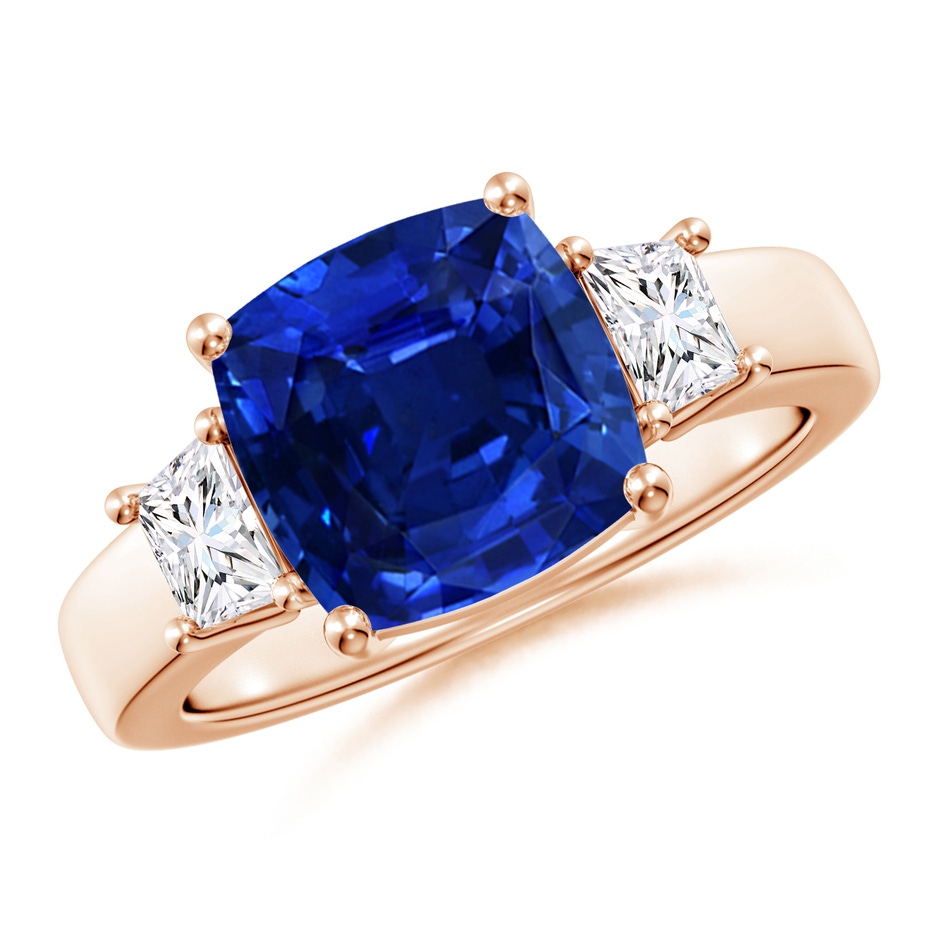 9mm AAAA Classic Cushion Blue Sapphire and Trapezoid Diamond Three Stone Engagement Ring in 18K Rose Gold 