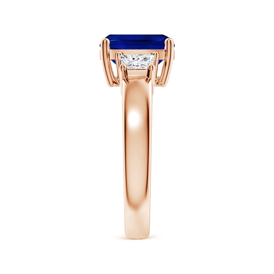 9mm AAAA Classic Cushion Blue Sapphire and Trapezoid Diamond Three Stone Engagement Ring in 18K Rose Gold side 299
