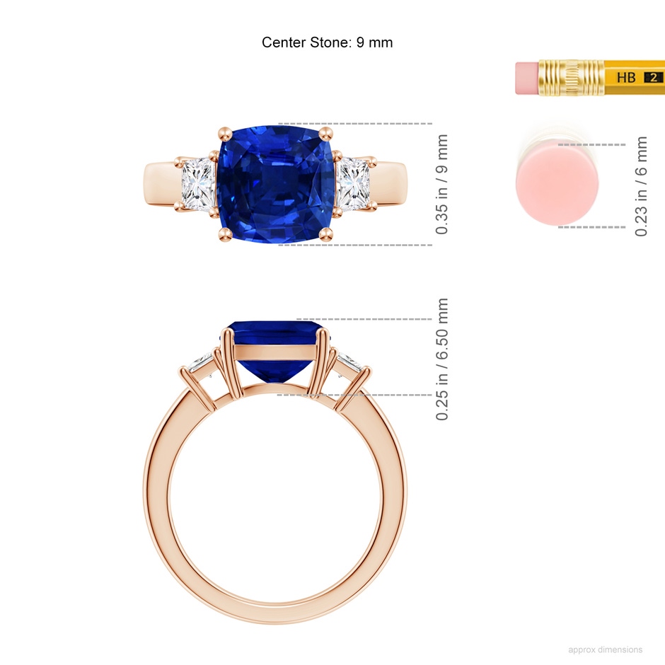 9mm AAAA Classic Cushion Blue Sapphire and Trapezoid Diamond Three Stone Engagement Ring in 18K Rose Gold ruler