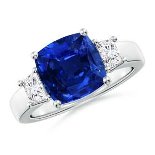 9mm AAAA Classic Cushion Blue Sapphire and Trapezoid Diamond Three Stone Engagement Ring in P950 Platinum