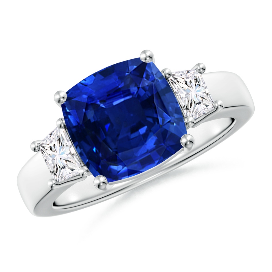 9mm Lab-Grown Classic Cushion Blue Sapphire and Trapezoid Diamond Three Stone Engagement Ring in P950 Platinum 