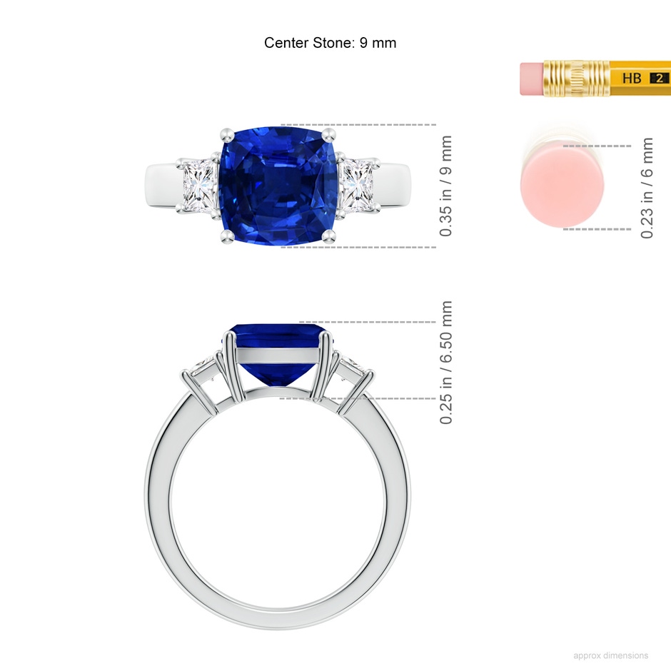 9mm Lab-Grown Classic Cushion Blue Sapphire and Trapezoid Diamond Three Stone Engagement Ring in P950 Platinum ruler