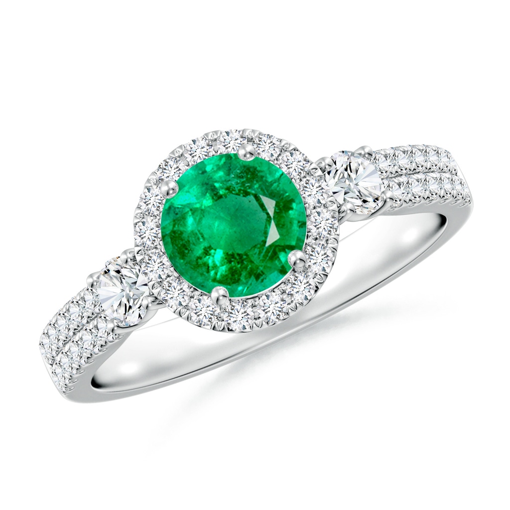 6mm AAA Round Emerald Halo Double Shank Engagement Ring in White Gold