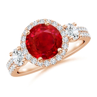 8mm AAA Round Ruby Halo Double Shank Engagement Ring in Rose Gold