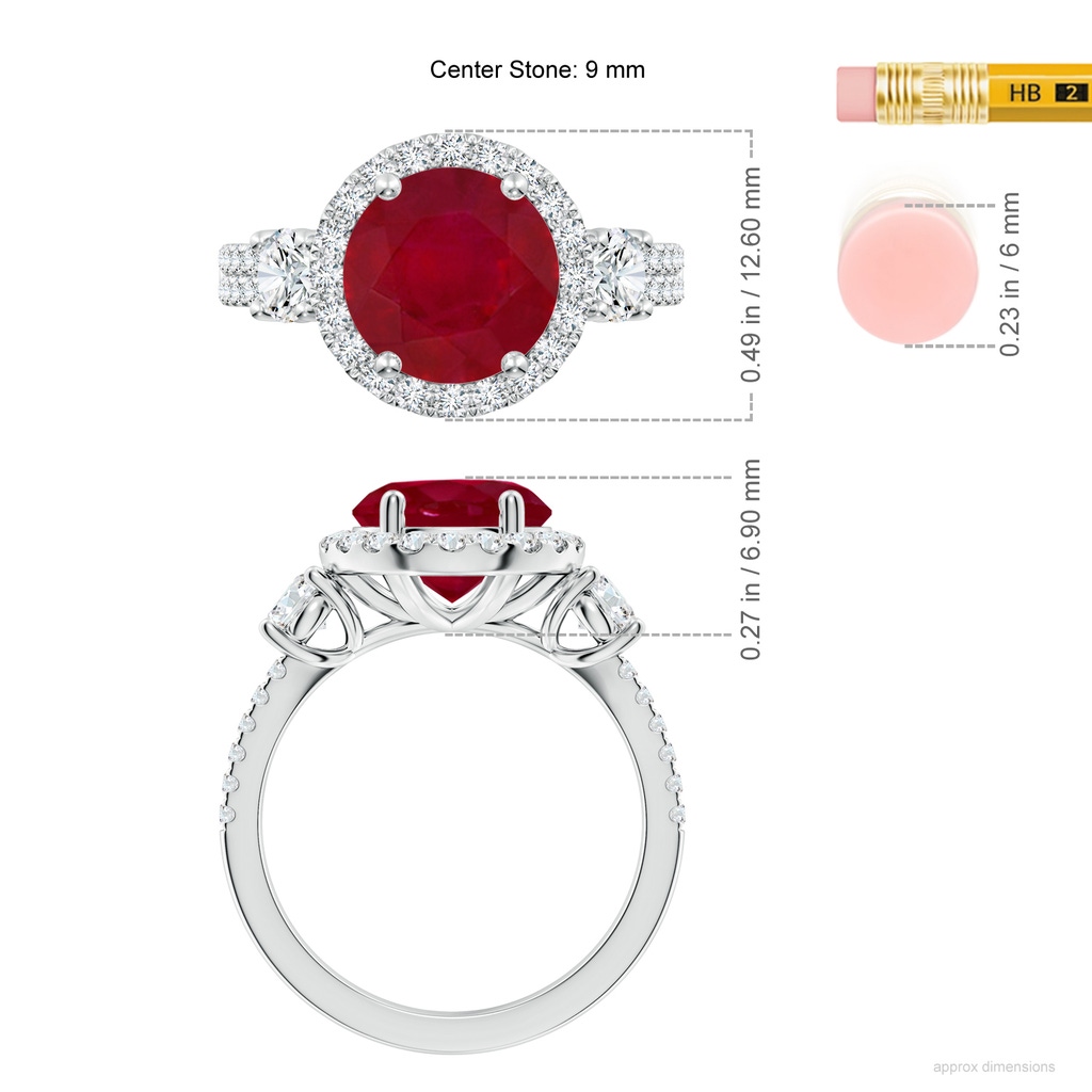 9mm AA Round Ruby Halo Double Shank Engagement Ring in White Gold ruler
