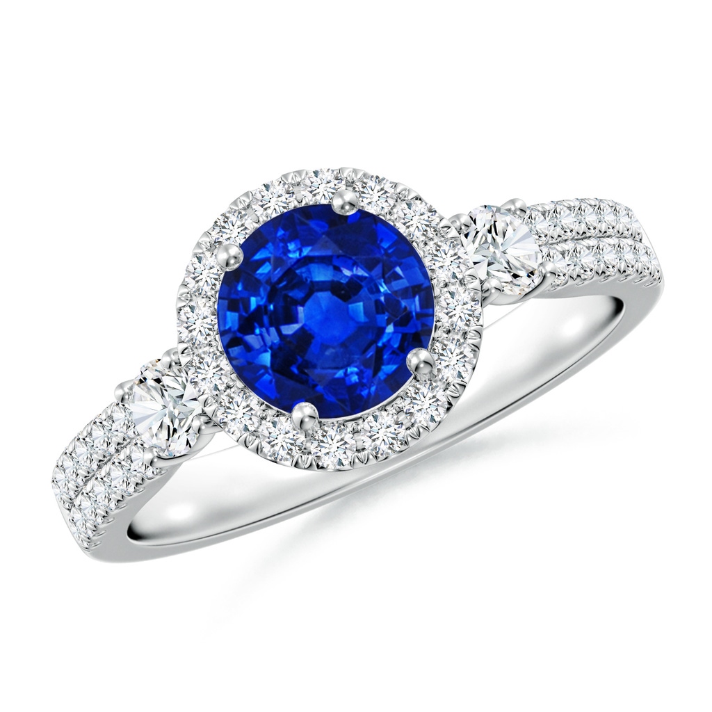 6.5mm Lab-Grown Round Blue Sapphire Halo Double Shank Engagement Ring in White Gold