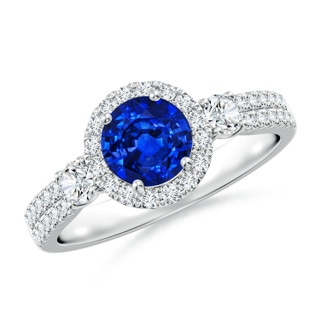 6mm AAAA Round Blue Sapphire Halo Double Shank Engagement Ring in White Gold