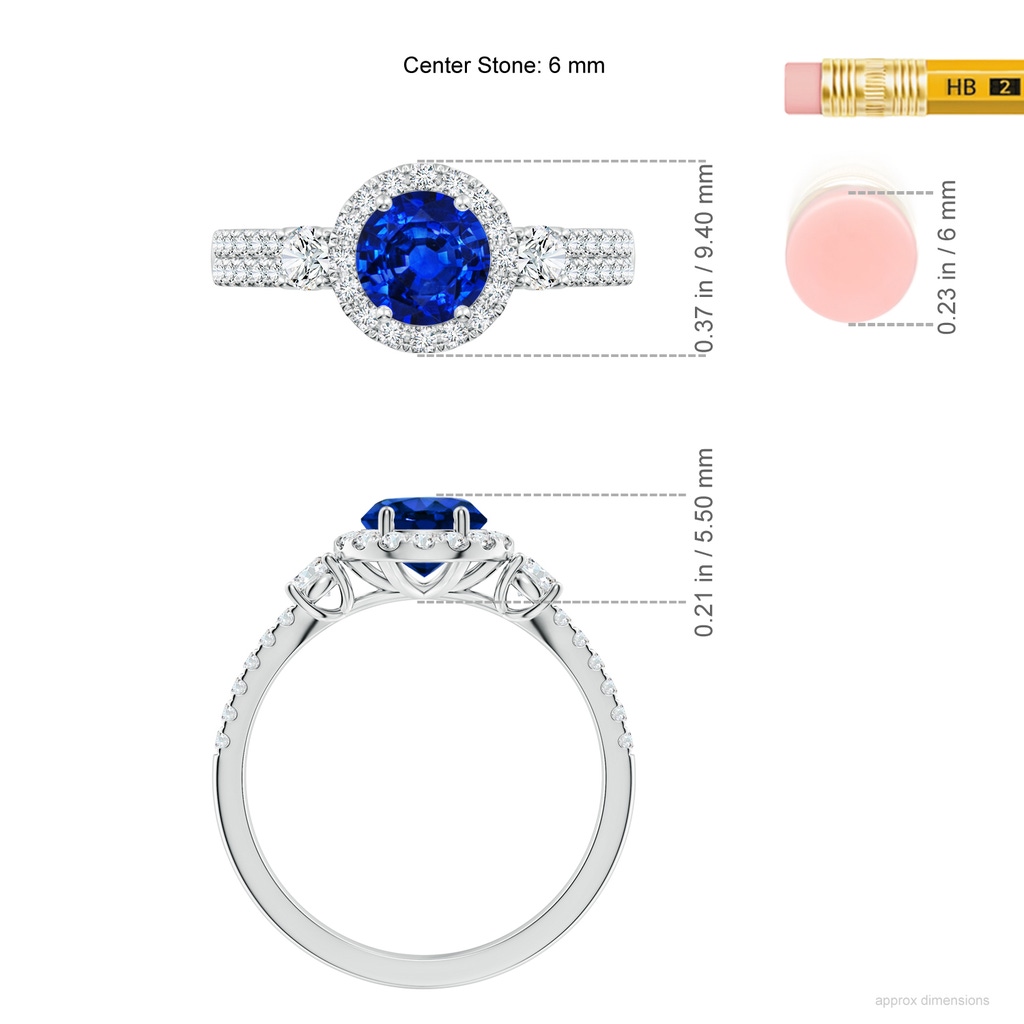 6mm AAAA Round Blue Sapphire Halo Double Shank Engagement Ring in White Gold ruler