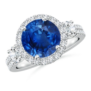 9mm AAA Round Blue Sapphire Halo Double Shank Engagement Ring in P950 Platinum