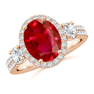 10x8mm AAA Oval Ruby Halo Double Shank Engagement Ring in Rose Gold