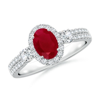 7x5mm AA Oval Ruby Halo Double Shank Engagement Ring in White Gold