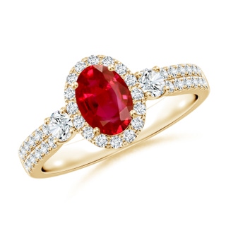 7x5mm AAA Oval Ruby Halo Double Shank Engagement Ring in Yellow Gold