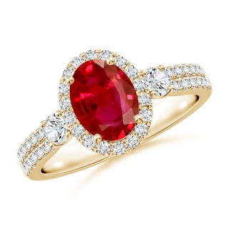 8x6mm AAA Oval Ruby Halo Double Shank Engagement Ring in Yellow Gold