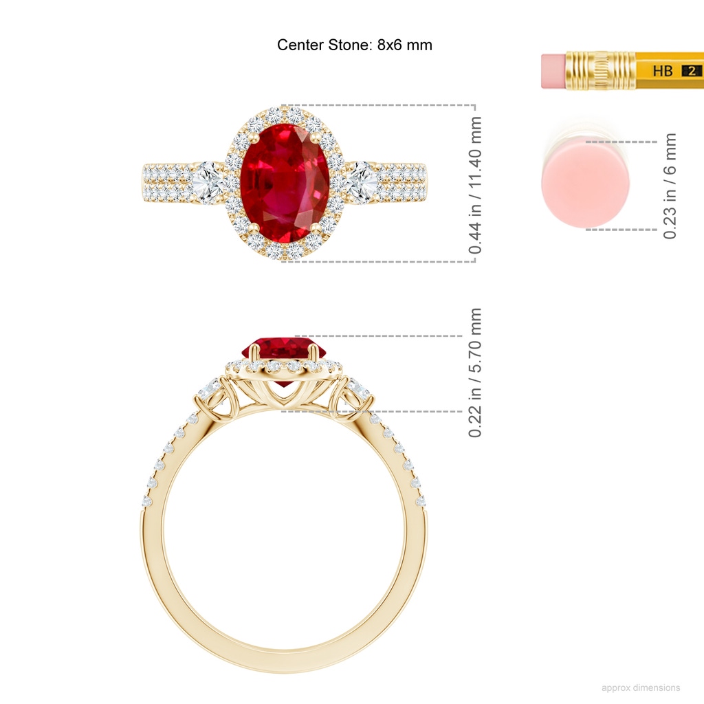 8x6mm AAA Oval Ruby Halo Double Shank Engagement Ring in Yellow Gold ruler