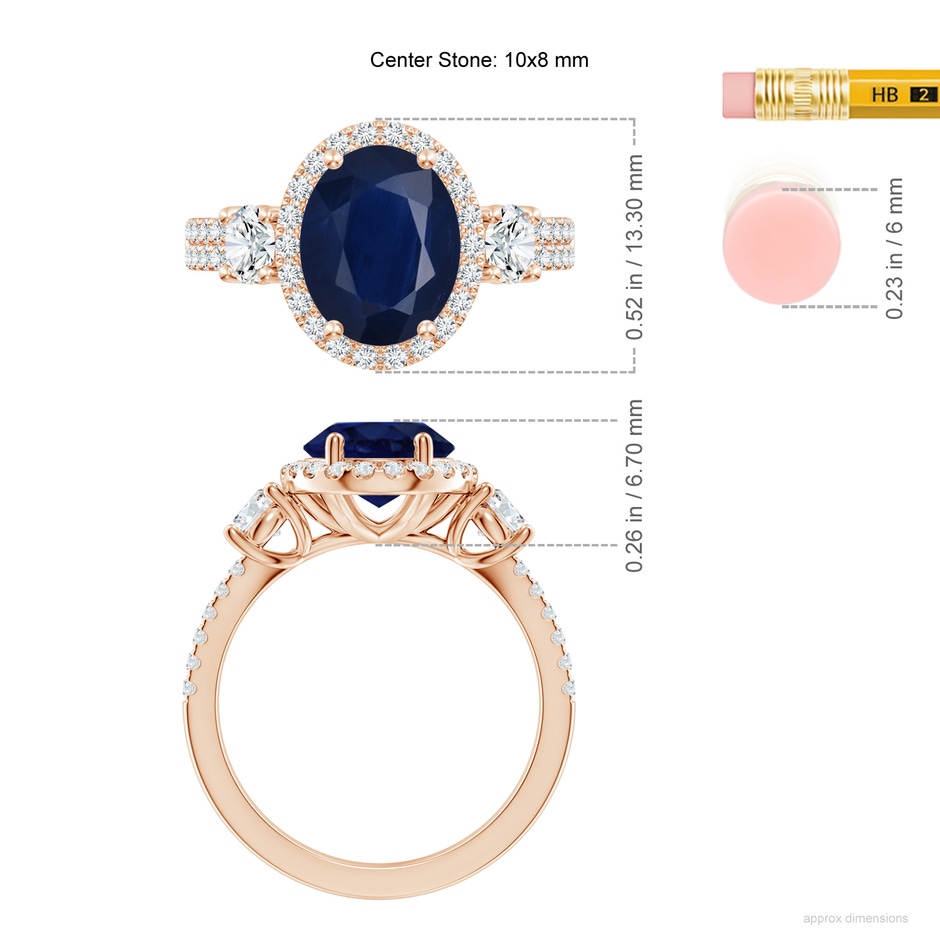 10x8mm A Oval Blue Sapphire Halo Double Shank Engagement Ring in 18K Rose Gold ruler