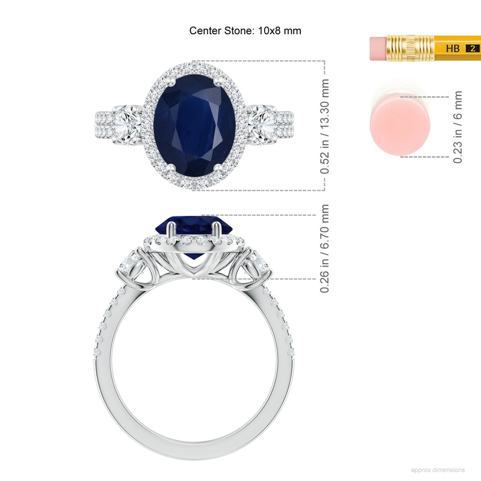 10x8mm A Oval Blue Sapphire Halo Double Shank Engagement Ring in White Gold ruler