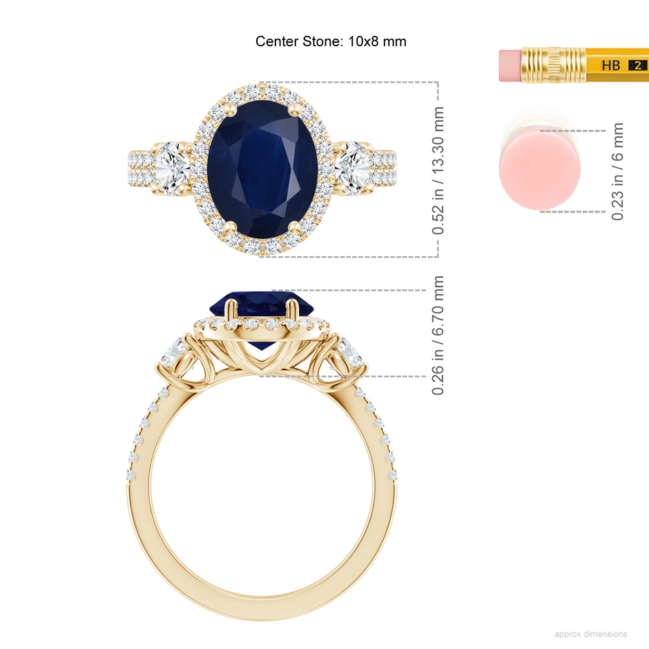 10x8mm A Oval Blue Sapphire Halo Double Shank Engagement Ring in Yellow Gold ruler