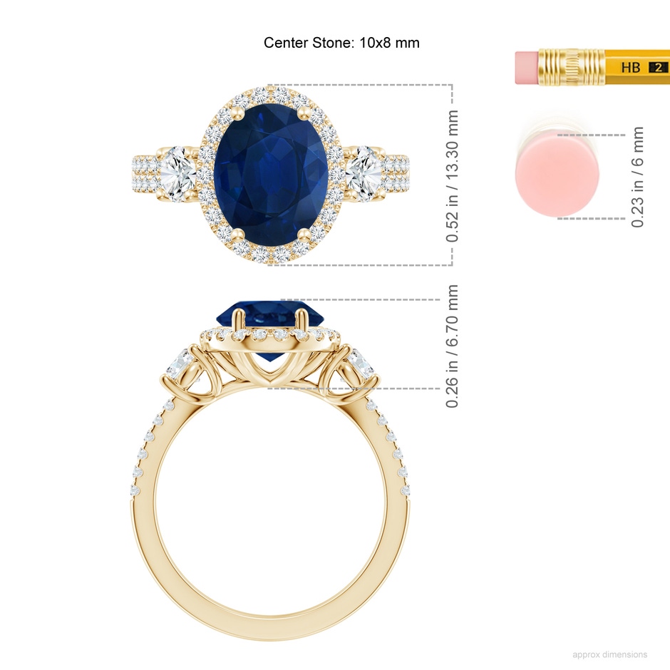 10x8mm AA Oval Blue Sapphire Halo Double Shank Engagement Ring in Yellow Gold ruler