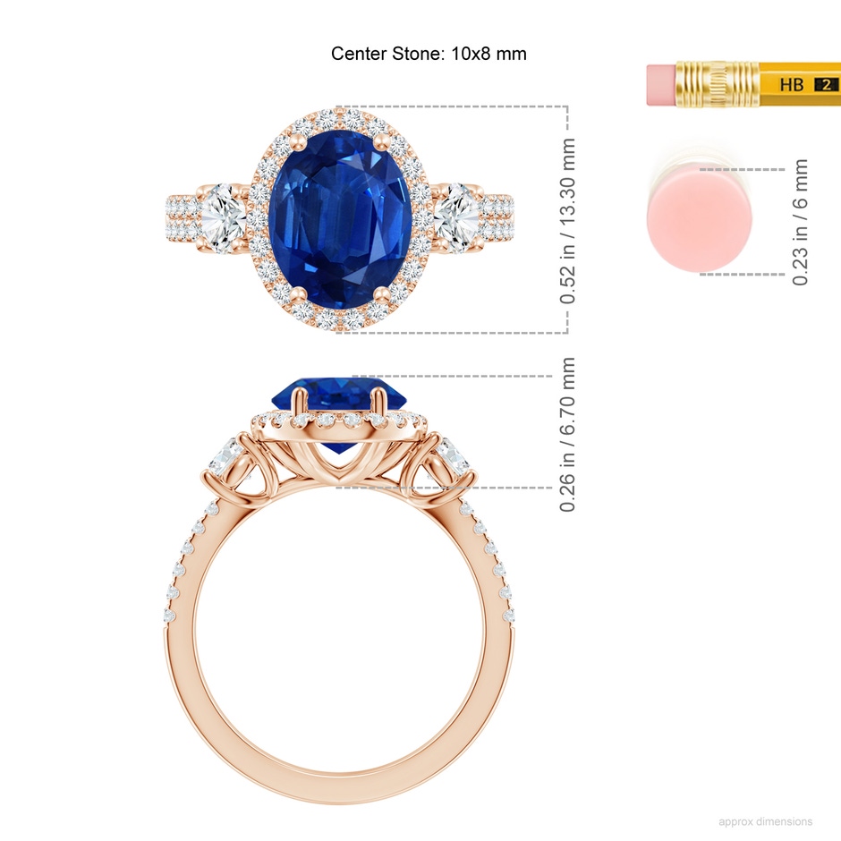 10x8mm AAA Oval Blue Sapphire Halo Double Shank Engagement Ring in 18K Rose Gold ruler