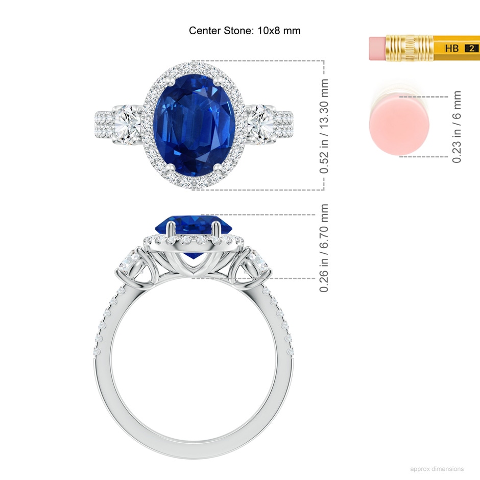 10x8mm AAA Oval Blue Sapphire Halo Double Shank Engagement Ring in P950 Platinum ruler