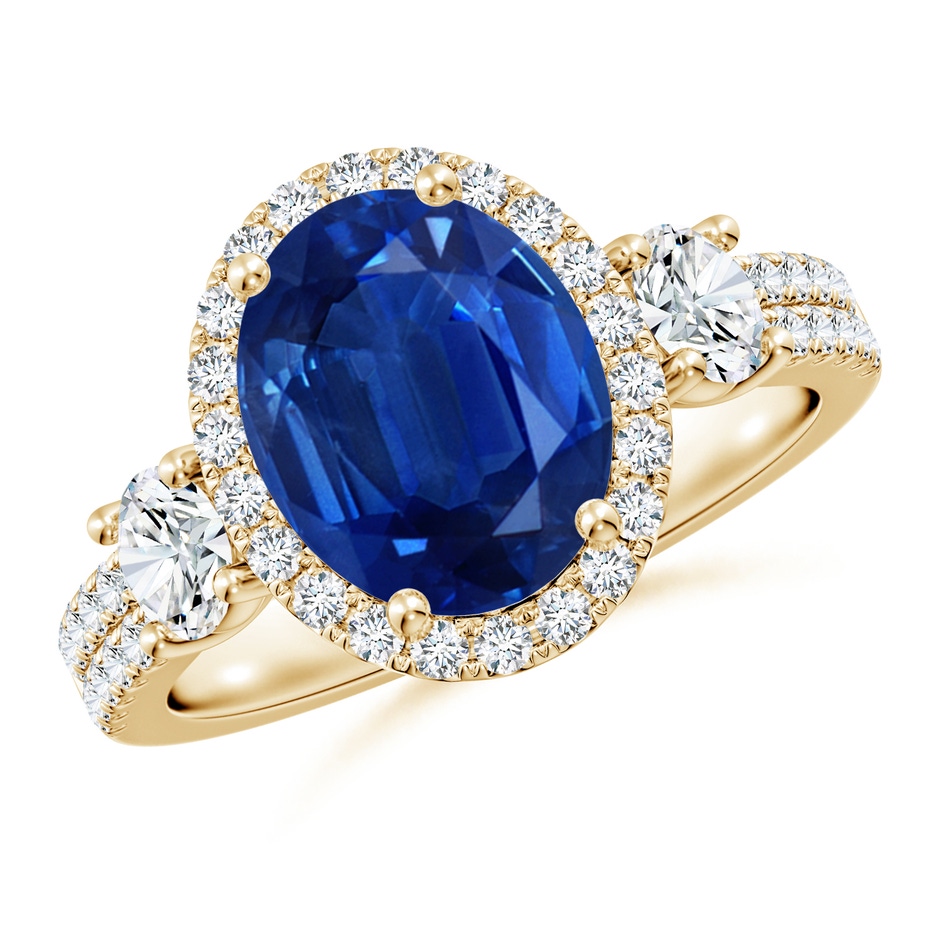 10x8mm AAA Oval Blue Sapphire Halo Double Shank Engagement Ring in Yellow Gold 