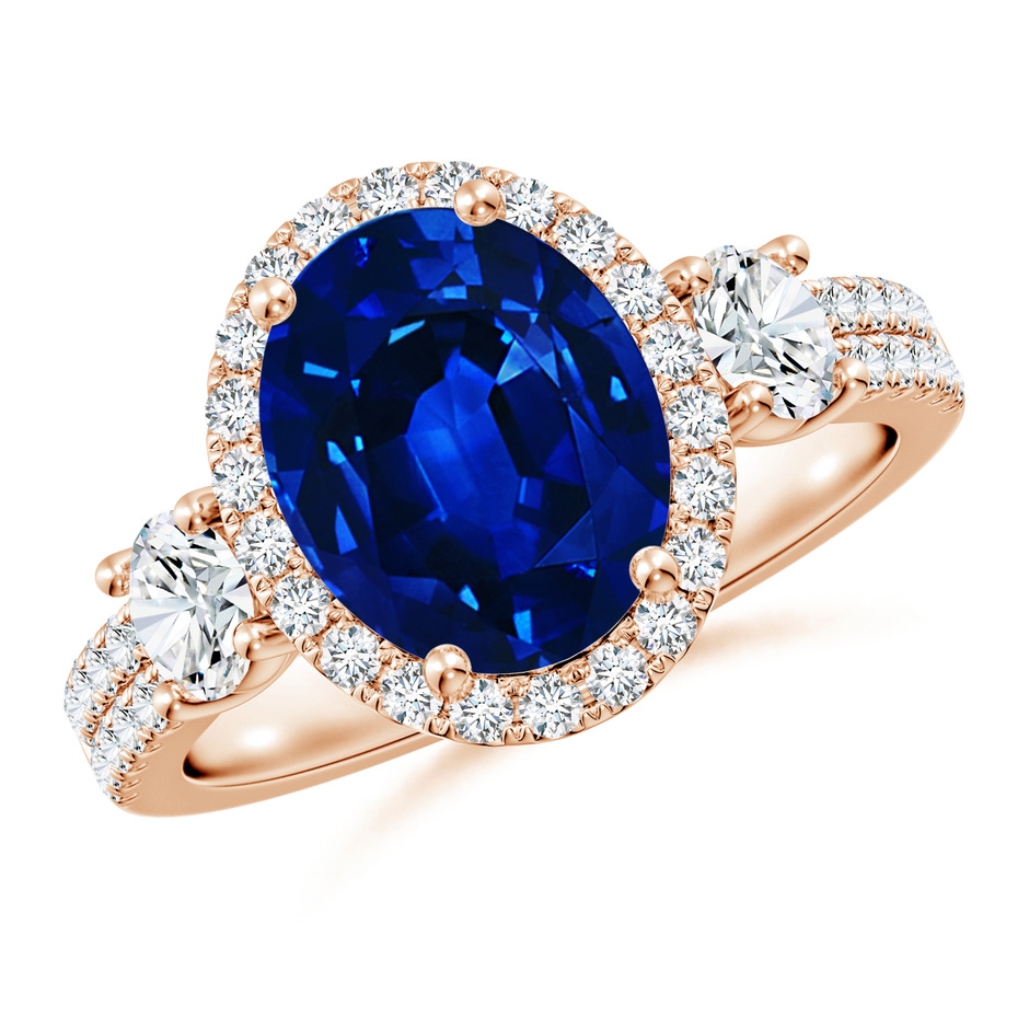 10x8mm Lab-Grown Oval Blue Sapphire Halo Double Shank Engagement Ring in 18K Rose Gold 