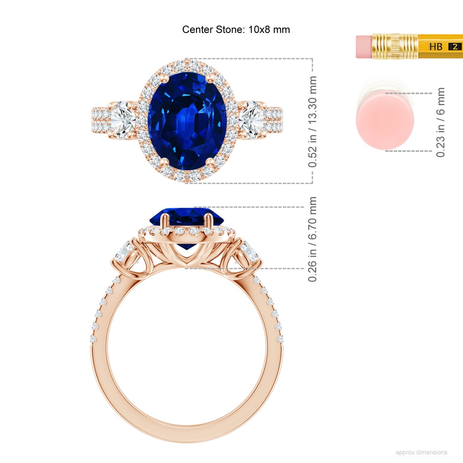 10x8mm Lab-Grown Oval Blue Sapphire Halo Double Shank Engagement Ring in 18K Rose Gold ruler